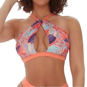 NWT Take Me Away Twist Keyhole Halter Bikini Top Tropical Print - Size Small